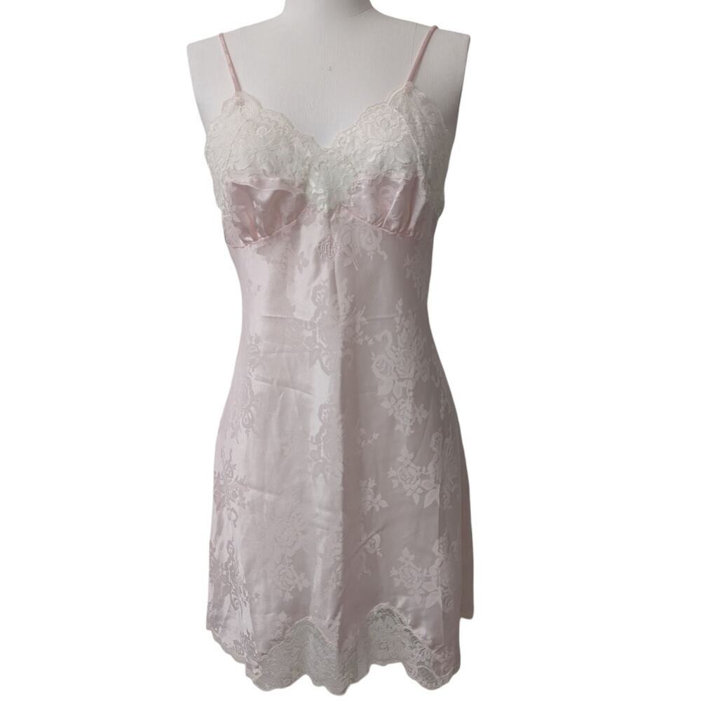 Vintage Christian Dior Pink Satin Lace Trim Slip Dress